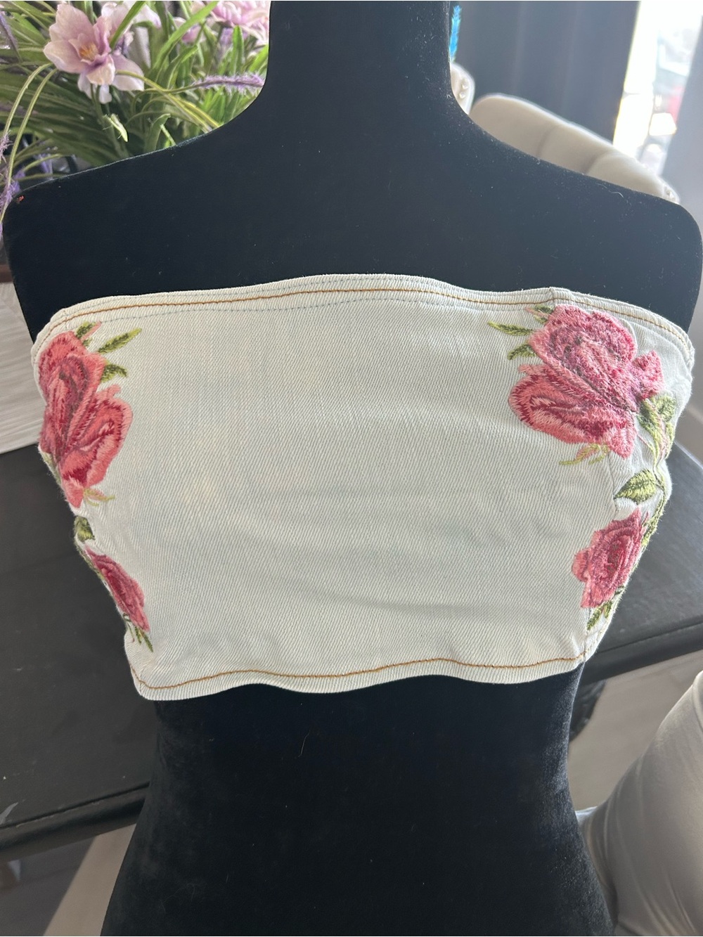 Forever 21 Denim Strapless Floral Embroidered Crop Top